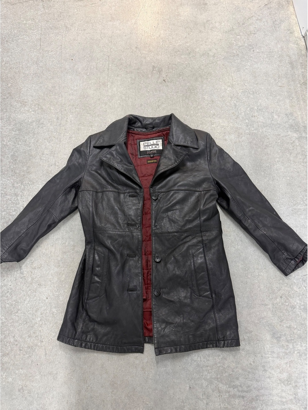 Vintage Wilsons Leather Pelle Studio Black Leather Coat Mens Medium Red Lining